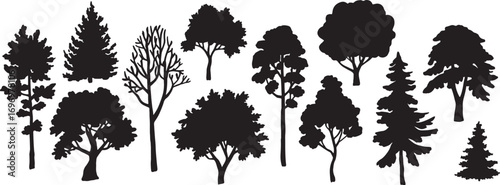 Tree Silhouette Vector Collection – Evergreen Pine, Oak, Fir, and Deciduous Forest Elements for Nature and Ecology Design