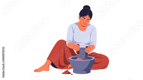 Woman Preparing Spice: A serene illustration of a woman meticulously grinding spices in a mortar and pestle, embodying the art of traditional cuisine and culinary craftsmanship.