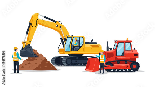 Construction Collaboration: An illustrated scene of collaboration on a construction site, featuring an excavator and bulldozer, epitomizing industry partnership and progress. 