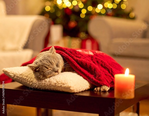 Serene christmas: sleeping cat enveloped in cozy red blanket near tree