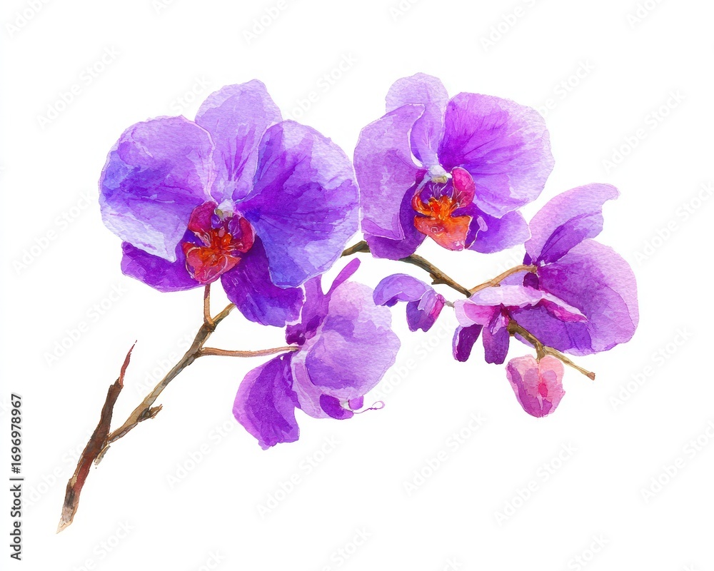 Naklejka premium Hand-Painted Orchid Blooms: Isolated Purple Flowers on a Crisp White Canvas