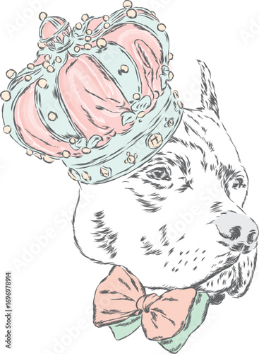 Cute puppy wearing a crown. Vector illustration for greeting card, poster, or print on clothes. Dog clothing. Fashion & Style.