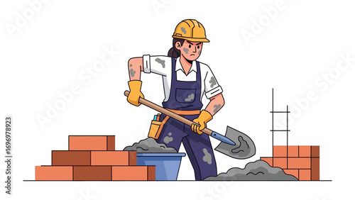Building with Strength: A diligent construction worker wearing a safety helmet and yellow work gloves. is depicted skillfully mixing cement, demonstrating focus.