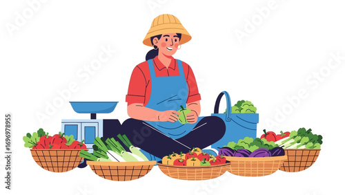 Local Market Vendor: A vibrant illustration of a vendor surrounded by fresh produce, showcasing a day at the local market.