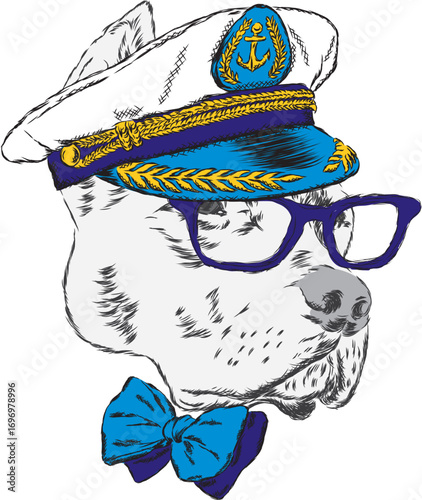A pedigreed dog with glasses, a tie and a cap. Pitbull. Vector illustration. Captain, sailor.