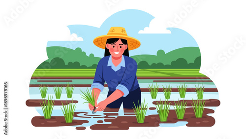 Cultivating Harvest: A farmer, diligently working in a vibrant paddy field, embodies the spirit of rural life. With meticulous care, the farmer tends to the rice seedlings, symbolizing growth.