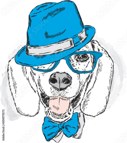 Cute dog in a hat and tie. Vector illustration.