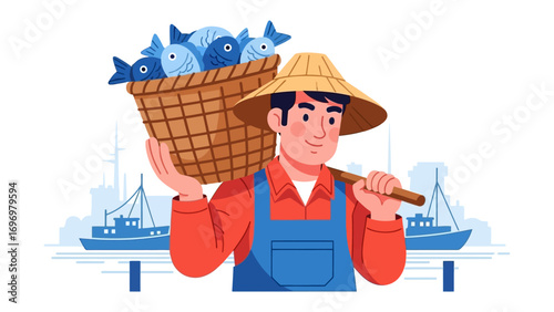 Fisherman's Bounty: A fisherman, carrying a basket brimming with fresh catch over his shoulder. captures the essence of coastal life, community, and sustenance.