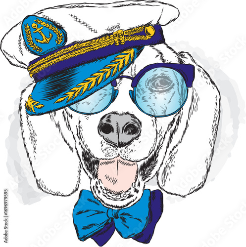 A handsome puppy in a cap, glasses and a tie. A pedigree dog in the captain's costume of a ship. Vector illustration for a postcard or a poster, print for clothes.