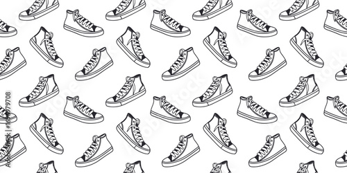 Seamless high top sneaker pattern with hand drawn footwear illustration, ideal for textile fabric, wallpaper, wrapping paper, urban fashion design, and stylish modern backgrounds.
