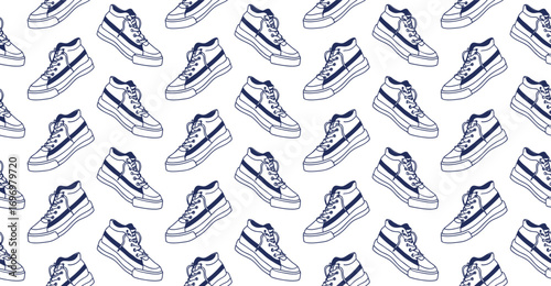 Seamless platform sneaker pattern with hand drawn casual shoes illustration, ideal for textile fabric, wallpaper, wrapping paper, urban fashion design, and modern trendy backgrounds.