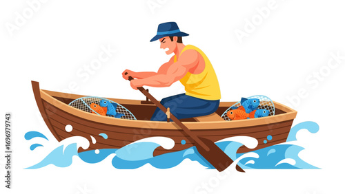 Fishing Journey: A determined fisherman navigates turbulent waters in a wooden boat, skillfully rowing through the waves. He's accompanied by his bounty of fresh fish in a fishing basket.