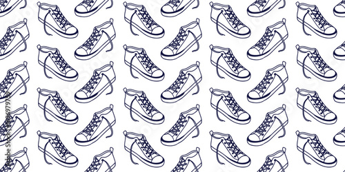 Seamless high top sneaker pattern with stylish line art footwear illustration, perfect for textile fabric, wallpaper, wrapping paper, urban fashion design, and modern backgrounds.