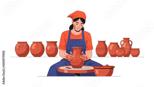 Ceramic Artisan Crafting: A skilled craftswoman meticulously shapes and molds clay on a potter's wheel in a display of the time-honored art of ceramics