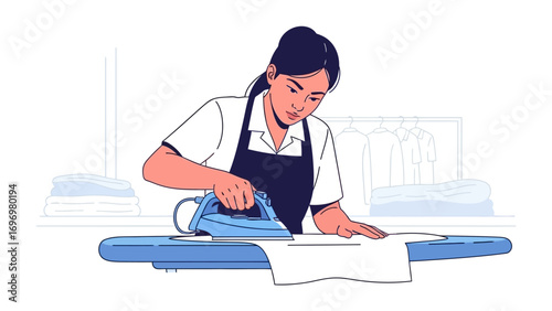Ironing Laundry: A detailed cartoon illustration shows a woman carefully ironing a garment on an ironing board, set in a minimalist design with soft colors
