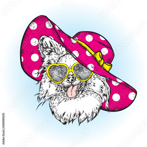 A pedigreed dog in a beach hat. Puppy in summer clothes. Vector illustration.