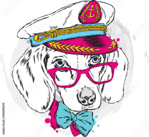 A handsome puppy in a cap, glasses and a tie. A pedigree dog in the captain's costume of a ship. Vector illustration for a postcard or a poster, print for clothes.