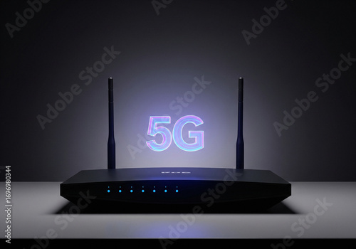A black wifi router with two antennas and a colorful glowing 5G logo on a dark background