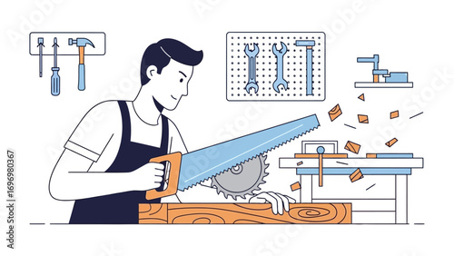 Master Carpenter at Work: Witness a craftsman meticulously crafting wood with precision using a handsaw, surrounded by various carpentry tools, embodying the essence of skilled woodworking.