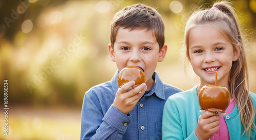 Caramel apples kids enjoy sweet treat autumn fall. Children eating caramel apples outdoors sunny day. Perfect autumn fall image for seasonal promotions and advertising.