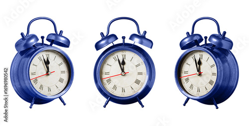 set collection retro clock, watch, pointer clock, Blue color alarm clock on isolated white background close up