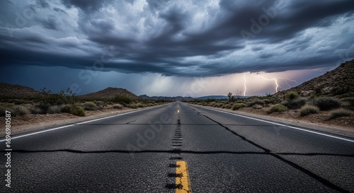 Powerful lightning strikes illuminate the desert highway under a dramatic stormy sky perfect for travel adventure and dramatic landscapes