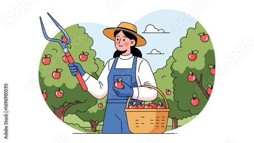 Apple Orchard Harvest: A diligent farmer joyfully harvests ripe apples from a bountiful orchard, symbolizing the season's abundance and the rewards of labor.