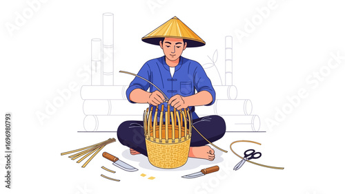 Traditional Craftsmanship: This image captures an artisan meticulously weaving a basket, showcasing the beauty of hands-on work, craftsmanship, patience, and tradition. 