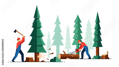 Forestry Labor in Action: Illustrative scene depicts laborers at work in the forest, engaged in the activity of felling trees using axe and chainsaw. Emphasizing themes of manual labor.