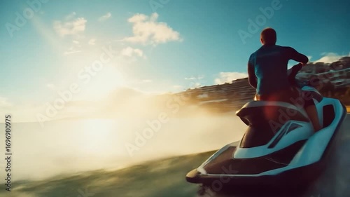 Man jetskiing ocean sunset.