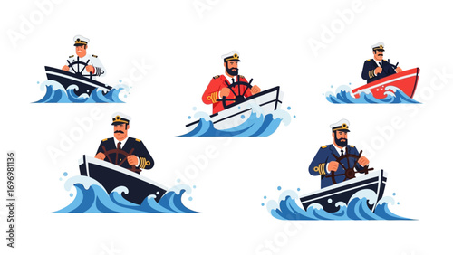 Five captain illustrations: A set of illustrations features a diverse group of sea captains, skillfully navigating their vessels through the waves.