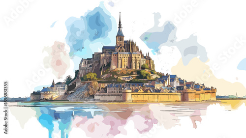 Mont Saint-Michel. Mont Saint-Michel watercolor vector illustration