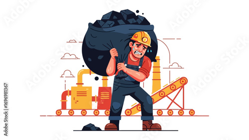 Hardworking Miner: A determined miner endures the heavy labor, burdened with a sack of coal amidst an industrial illustration that underscores the crucial role of energy production.