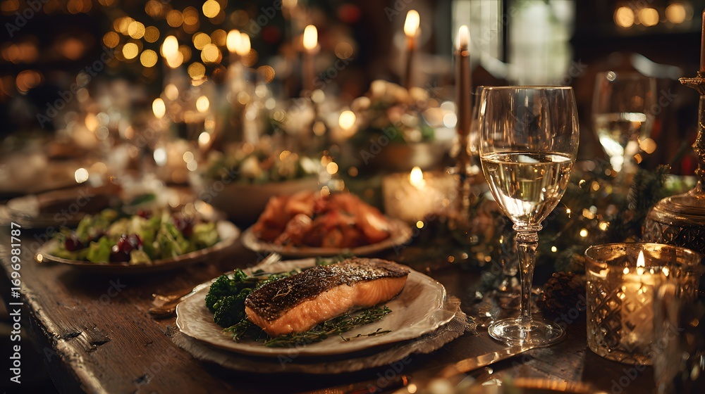 Naklejka premium Festive dinner table with salmon and wine