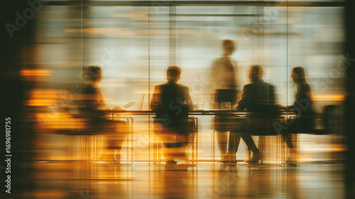 Abstract blurred view of business people in corporate meeting room with warm light atmosphere