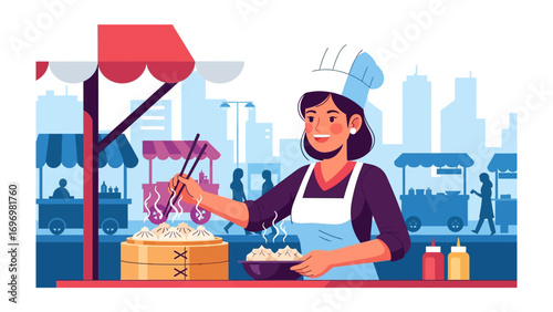 Culinary Craftsman at Work: Witness a skilled vendor meticulously preparing a delightful dish at a bustling street food market, expertly using chopsticks, framed by urban structures.