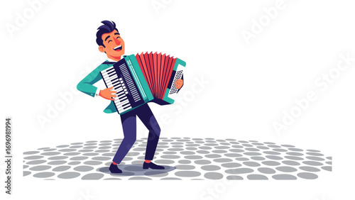 Musical Joy: A smiling person radiates happiness while passionately playing the accordion, their face expressing sheer bliss. 
