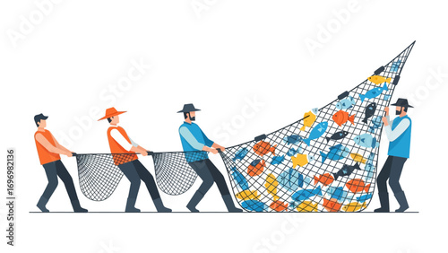 Fishermen Pulling Fishing Net: A team of determined fishermen collaborate, pulling a heavily laden fishing net brimming with a vibrant variety of fish, showcasing teamwork and harvest abundance.