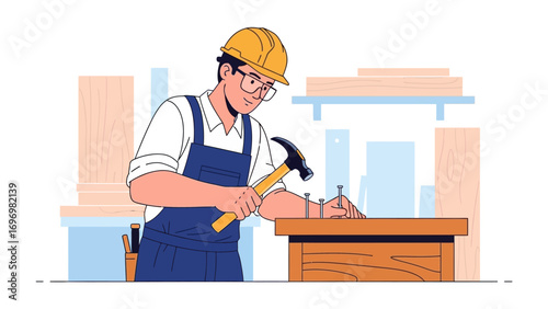 Carpenter Crafting with precision: A skilled carpenter meticulously hammers a nail into wood, showcasing the precision and dedication of the craft, symbolizing expertise in construction and design.