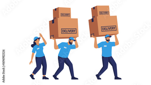 Box Delivery: A team of delivery personnel struggles under the weight of multiple cardboard boxes, symbolizing the daily grind and logistical challenges in the fast-paced world of parcel delivery.