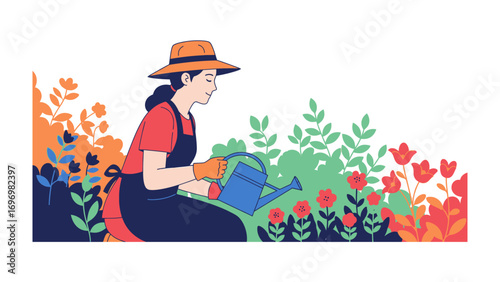 Gardener's Serenity: A female gardener, adorned in gardening apparel, finds solace as she attentively waters vibrant flowers, epitomizing the beauty of horticulture and nature's nurturing embrace.