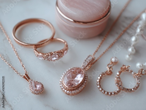 Rose Gold Jewelry Flatlay on White Soft Background