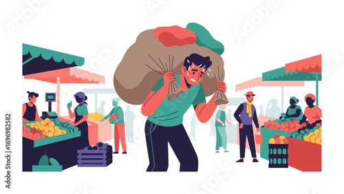 Struggling shopper: Illustrating the challenges of daily life, this image captures a shopper's arduous journey as he carries a heavy bag. The bustling market adds a sense of activity.