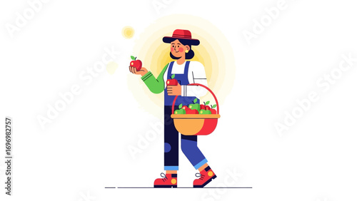 Harvesting the Harvest: A stylized illustration of a farmer picking red apples from a tree, capturing the essence of autumn and the bounty of nature.