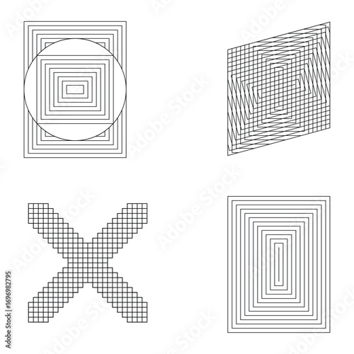 Abstract Geometric Line Patterns Collection. Optical Illusion Squares, Perspective Grids, and Cross Hatch Designs on White Background.