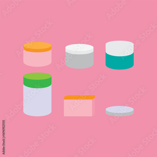 A minimalist flat design featuring a variety of colorful jars and storage containers, isolated on a pink background. Useful for food, storage, and packaging concepts,jars, containers, storage jar, col