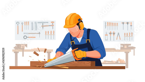 Crafting with Precision: An illustration of a focused carpenter meticulously sawing wood with a handsaw in a well-equipped workshop setting, demonstrating dedication and skill.
