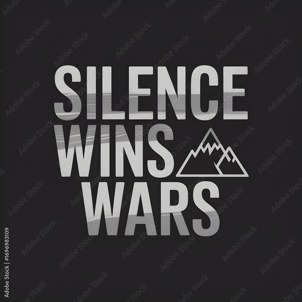 Fototapeta premium A graphic design featuring the words SILENCE WINS WARS with a mountain illustration.