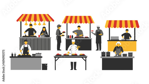 Culinary Market Scene: A bustling outdoor food market showcases a vibrant array of stalls, each staffed by skilled chefs and vendors preparing and serving delicious meals.