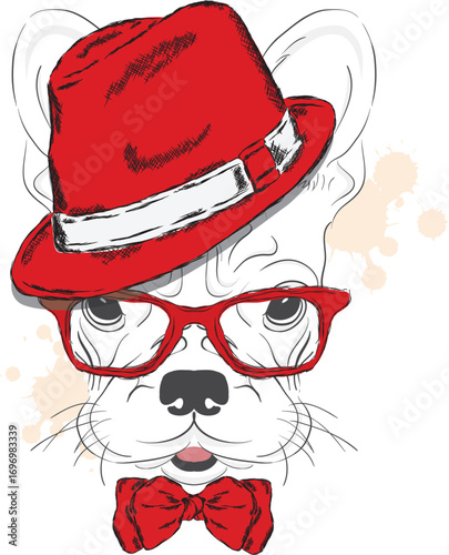 Cute dog in a hat and tie. Vector illustration.